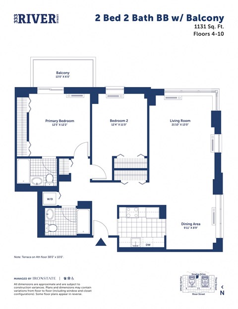 Floor plan for 2 beds, 2 baths, 1131 sqft